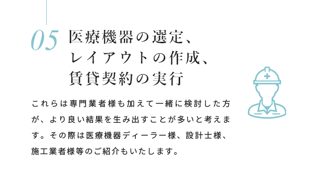 医療機器の選定、レイアウトの作成、賃貸契約の実行